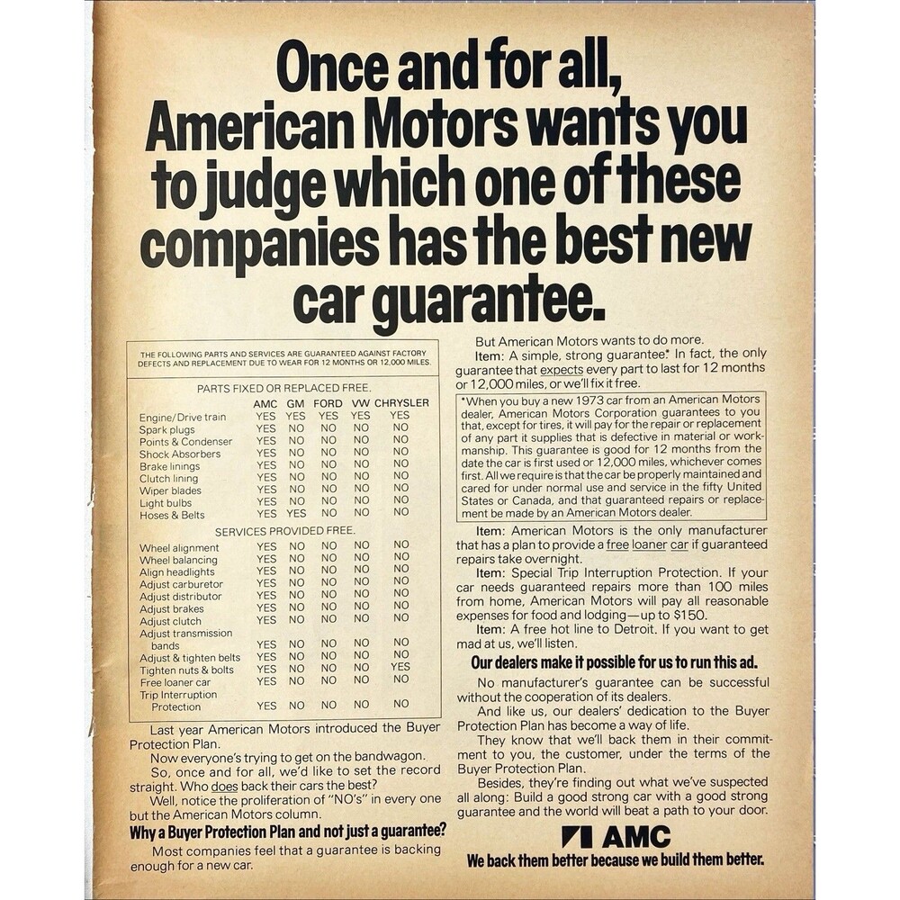 AMC "Which Car Company Has the Best Guarantee?" Vintage Print Ad 1970